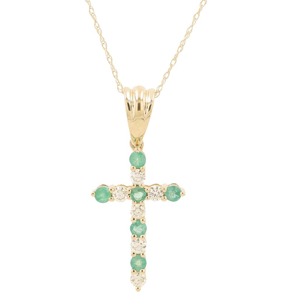 14K Yellow Gold Emerald and Diamond Cross Pendant - 0.25 Carat Total Emerald & Diamond Weight
