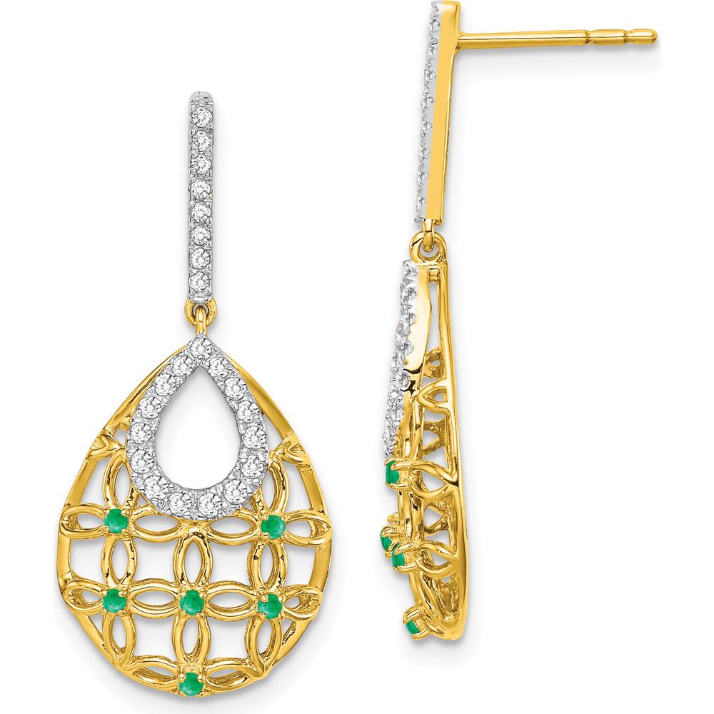 14K Yellow Gold Emerald and Diamond Dangle Earrings with Round Diamonds and Emeralds - 0.35 Carat Total Diamond Weight by Monteluci Fine Jewelry