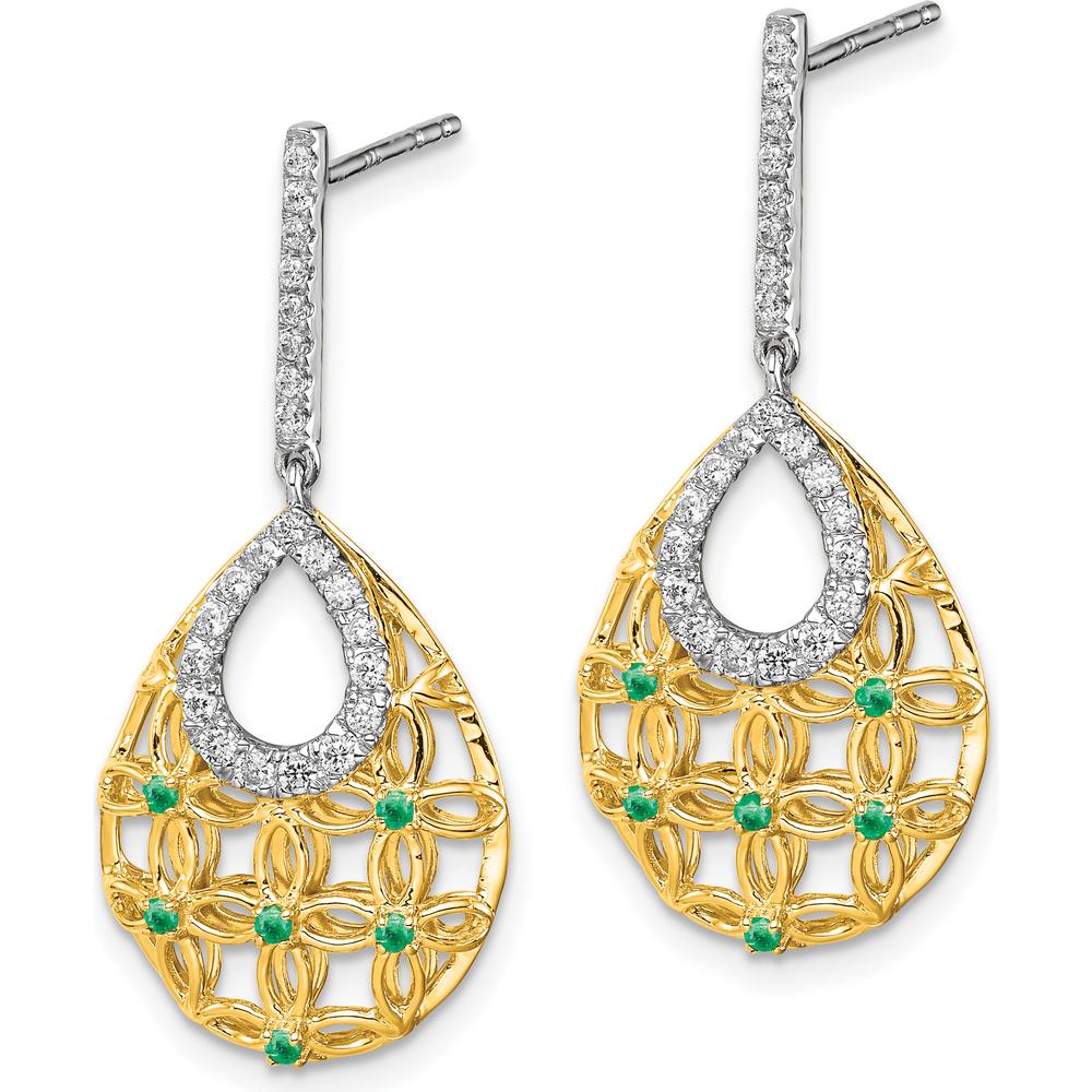 14K Yellow Gold Emerald and Diamond Dangle Earrings with Round Diamonds and Emeralds - 0.35 Carat Total Diamond Weight by Monteluci Fine Jewelry