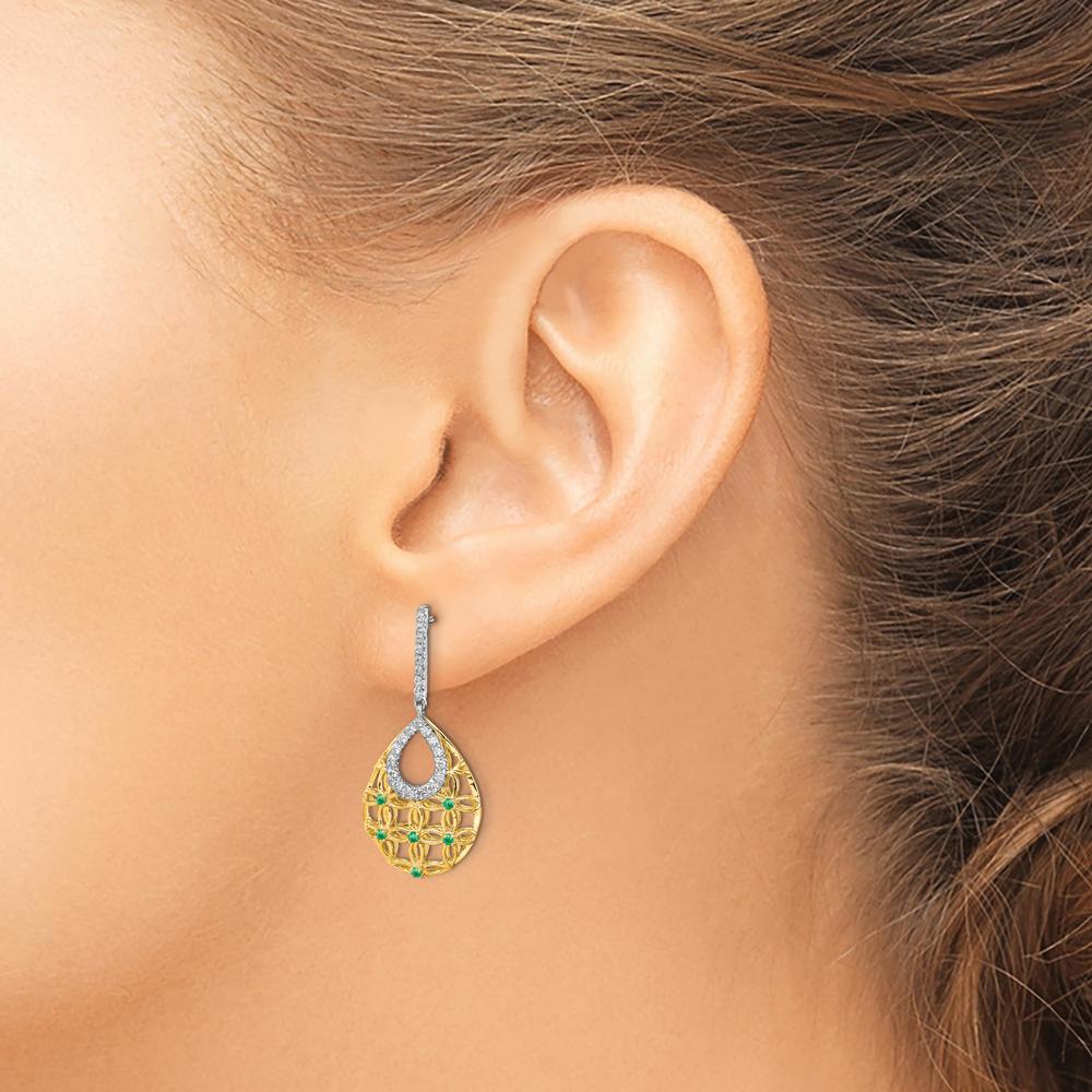 14K Yellow Gold Emerald and Diamond Dangle Earrings with Round Diamonds and Emeralds - 0.35 Carat Total Diamond Weight by Monteluci Fine Jewelry