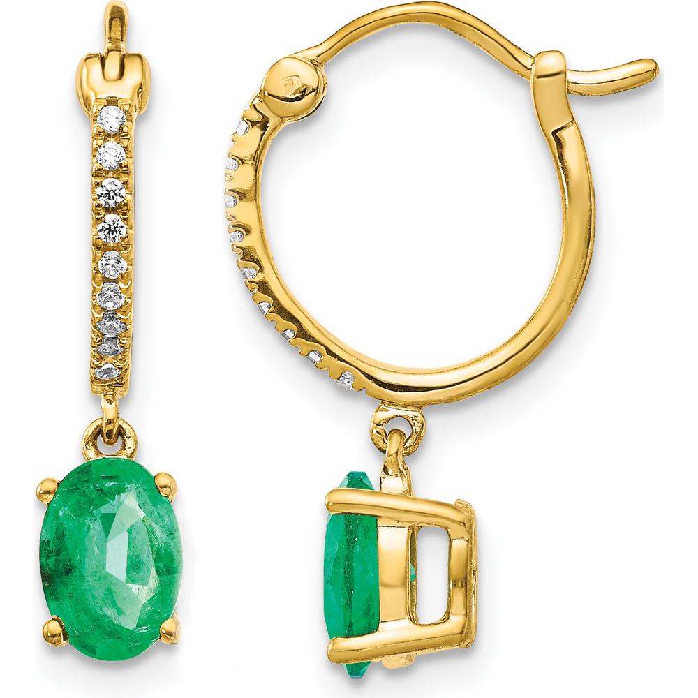 14K Yellow Gold Emerald and Diamond Dangle Hoop Earrings - 0.75 Carat Total Emerald Weight, 0.005 Carat Total Diamond Weight by Monteluci Fine Jewelry