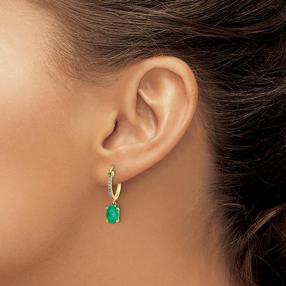 14K Yellow Gold Emerald and Diamond Dangle Hoop Earrings - 0.75 Carat Total Emerald Weight, 0.005 Carat Total Diamond Weight by Monteluci Fine Jewelry