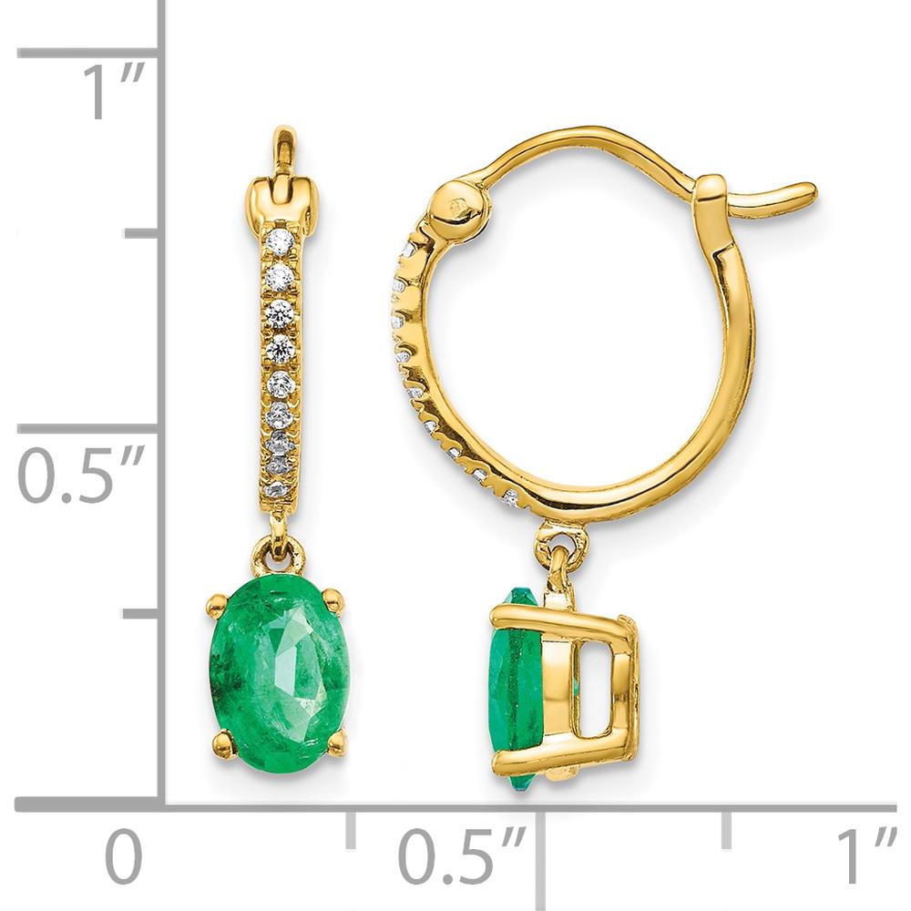 14K Yellow Gold Emerald and Diamond Dangle Hoop Earrings - 0.75 Carat Total Emerald Weight, 0.005 Carat Total Diamond Weight by Monteluci Fine Jewelry