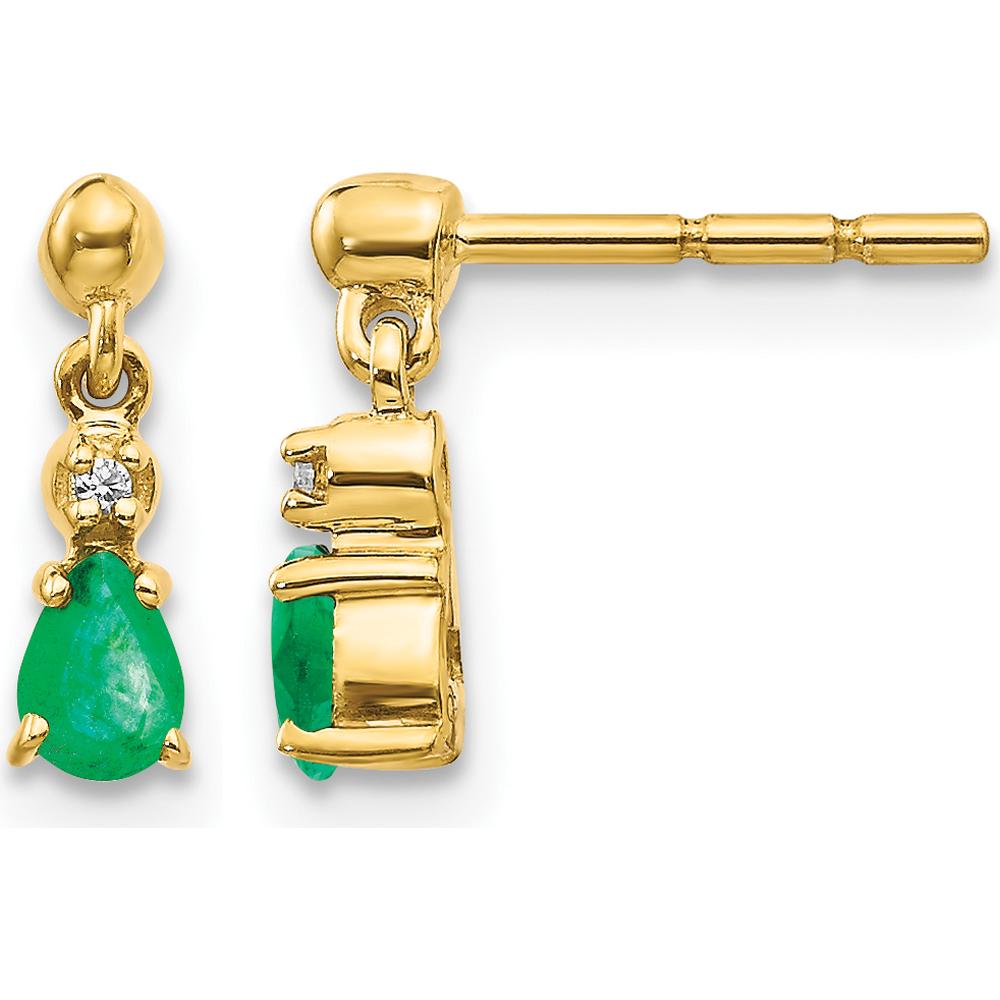 14K Yellow Gold Emerald and Diamond Drop Earrings - 0.15 Carat Emerald, 0.01 Carat Diamond Total Weight by Monteluci Fine Jewelry
