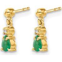 14K Yellow Gold Emerald and Diamond Drop Earrings - 0.15 Carat Emerald, 0.01 Carat Diamond Total Weight by Monteluci Fine Jewelry