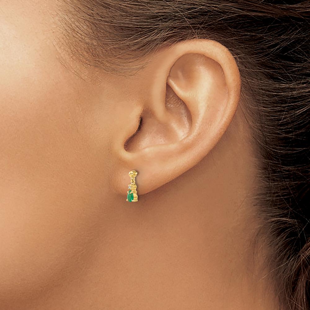 14K Yellow Gold Emerald and Diamond Drop Earrings - 0.15 Carat Emerald, 0.01 Carat Diamond Total Weight by Monteluci Fine Jewelry