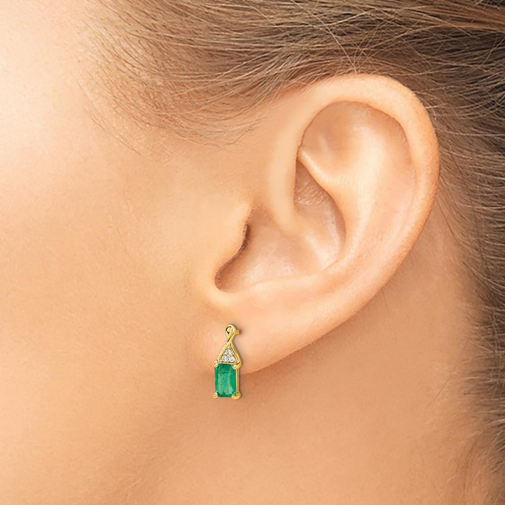 14K Yellow Gold Emerald and Diamond Drop Earrings - 1.0 Carat Emerald, 0.012 Carat Diamonds by Monteluci Fine Jewelry