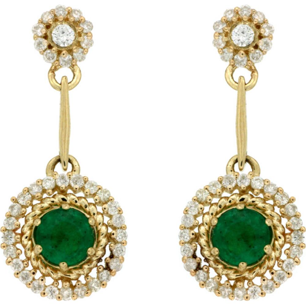 14K Yellow Gold Emerald & Diamond Drop Earrings - 1.12 Carats Total Gem Weight