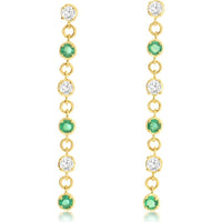 14K Yellow Gold Emerald and Diamond Drop Earrings with Bezel Set Round Cut Stones - 0.46 Carat Total Emerald Weight and 0.40 Carat Total Diamond Weight - Royal Jewelry