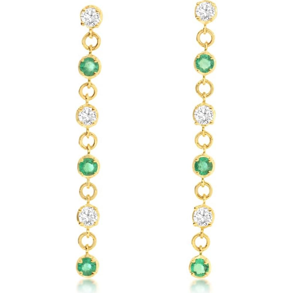 14K Yellow Gold Emerald and Diamond Drop Earrings with Bezel Set Round Cut Stones - 0.46 Carat Total Emerald Weight and 0.40 Carat Total Diamond Weight - Royal Jewelry