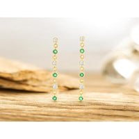 14K Yellow Gold Emerald and Diamond Drop Earrings with Bezel Set Round Cut Stones - 0.46 Carat Total Emerald Weight and 0.40 Carat Total Diamond Weight - Royal Jewelry