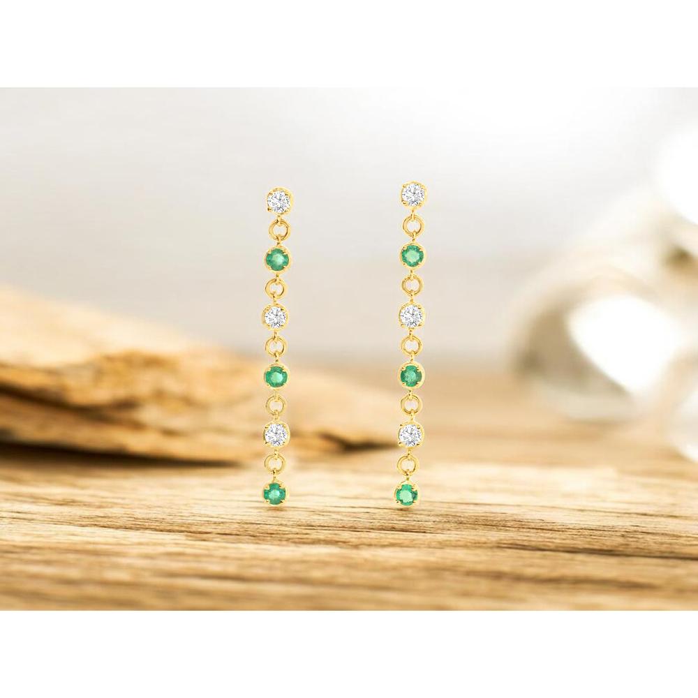 14K Yellow Gold Emerald and Diamond Drop Earrings with Bezel Set Round Cut Stones - 0.46 Carat Total Emerald Weight and 0.40 Carat Total Diamond Weight - Royal Jewelry