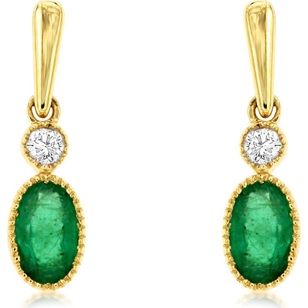 14K Yellow Gold Emerald and Diamond Drop Earrings with Milgrain Detail - 0.41 Carat Total Emerald Weight, 0.10 Carat Total Diamond Weight - Royal Jewelry