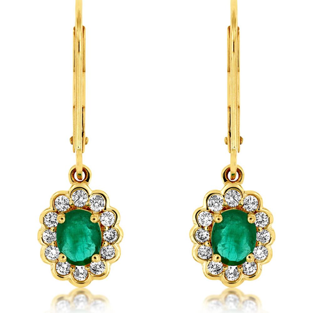 14K Yellow Gold Emerald & Diamond Drop Earrings with Oval Emerald and Diamond Halo - 1.03 Carats Total Gem Weight