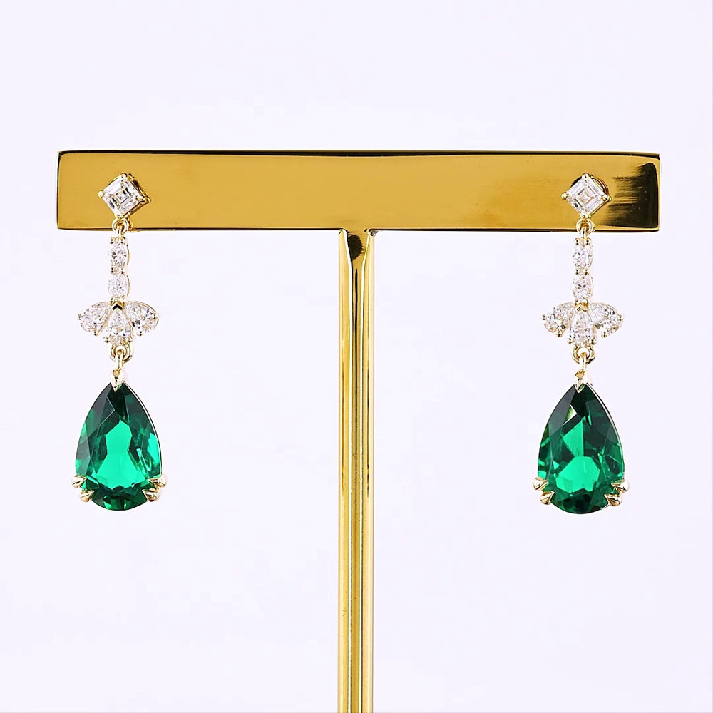 14K Yellow Gold Emerald and Diamond Drop Earrings with Pear and Asscher Cut Stones - 4.14 Carat Total Gem Weight - Covaloro Fine Jewelry