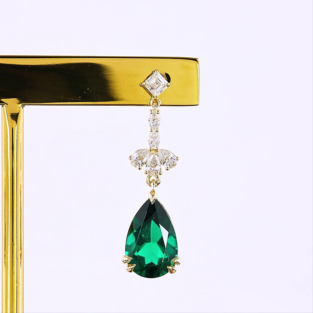 14K Yellow Gold Emerald and Diamond Drop Earrings with Pear and Asscher Cut Stones - 4.14 Carat Total Gem Weight - Covaloro Fine Jewelry