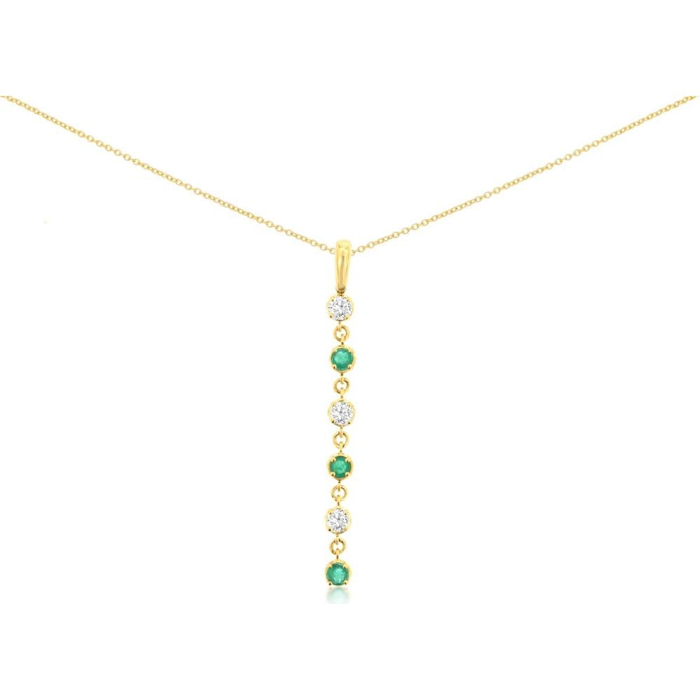 14K Yellow Gold Emerald and Diamond Drop Pendant Necklace with Alternating Round Emeralds and Round Diamonds - 0.30 Carat Emerald and 0.25 Carat Diamond Weight - Royal Jewelry