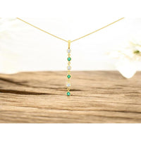 14K Yellow Gold Emerald and Diamond Drop Pendant Necklace with Alternating Round Emeralds and Round Diamonds - 0.30 Carat Emerald and 0.25 Carat Diamond Weight - Royal Jewelry