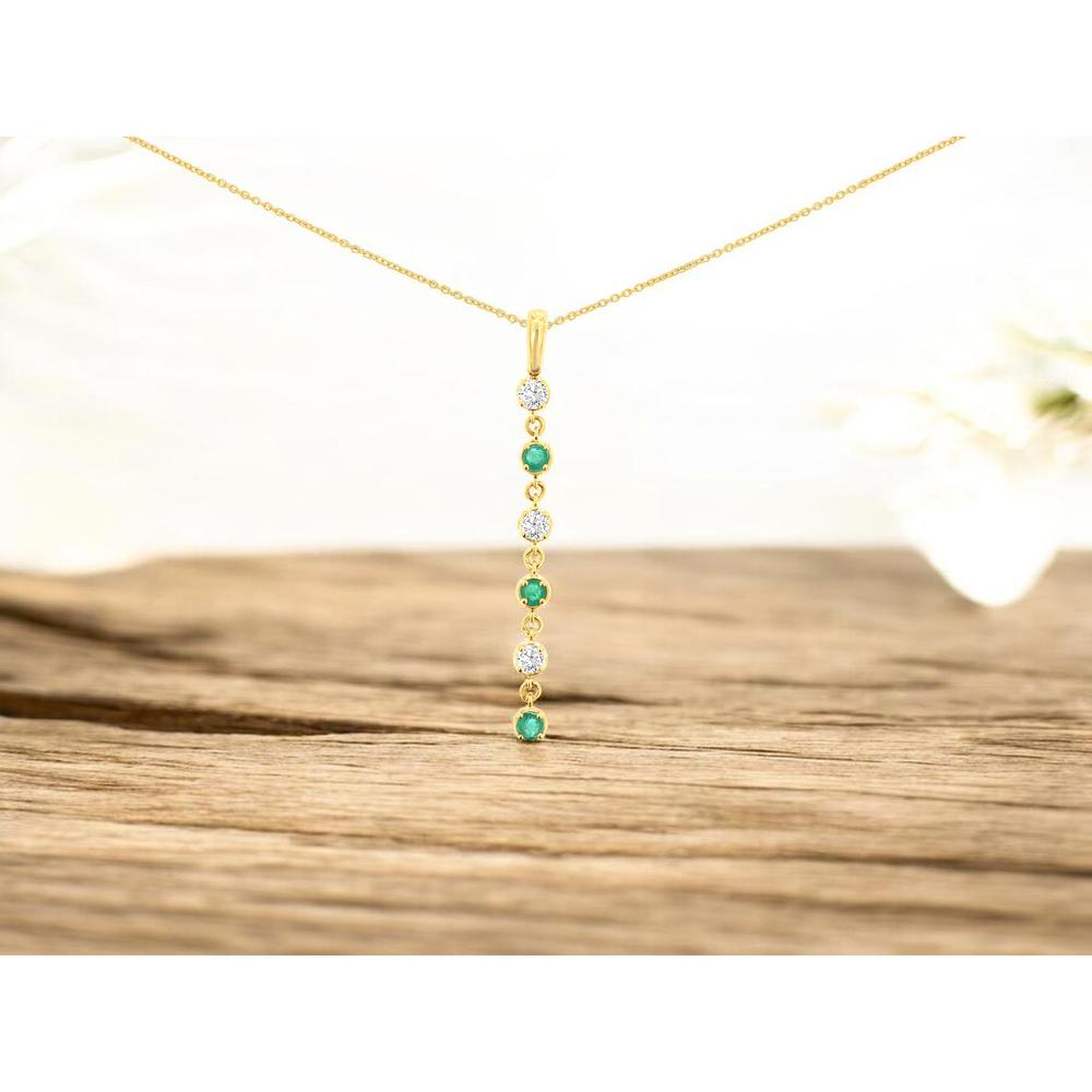 14K Yellow Gold Emerald and Diamond Drop Pendant Necklace with Alternating Round Emeralds and Round Diamonds - 0.30 Carat Emerald and 0.25 Carat Diamond Weight - Royal Jewelry