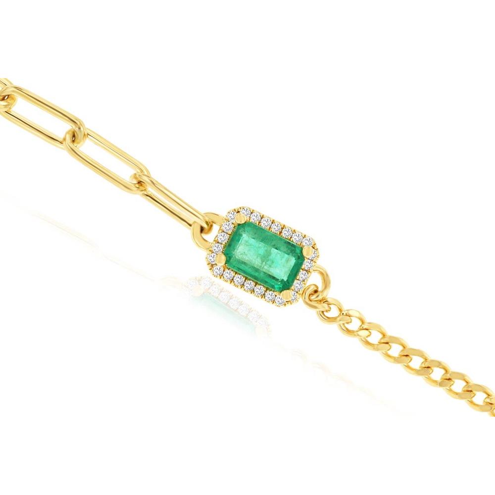 14K Yellow Gold Emerald and Diamond Halo Bracelet with Mixed Link Chain - 0.55 Carat Emerald and 0.08 Carat Total Diamond Weight - Royal Jewelry