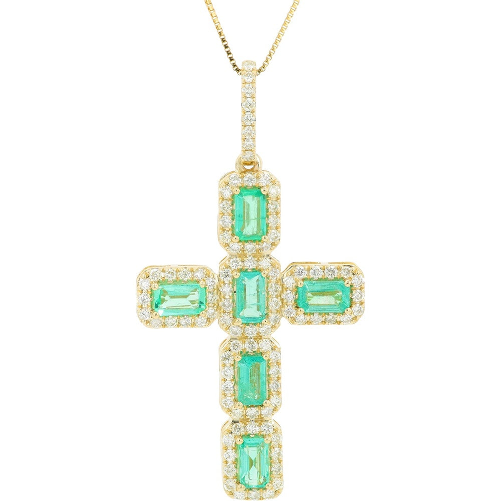 14K Yellow Gold Emerald and Diamond Halo Cross Pendant with Prong-Set Baguette Emeralds - 2.12 Carat Total Emerald Weight