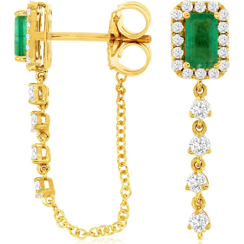 14K Yellow Gold Emerald and Diamond Halo Drop Earrings with Diamond Line Dangle – 0.56 Carat Emerald Total Weight, 0.40 Carat Diamond Total Weight - Royal Jewelry