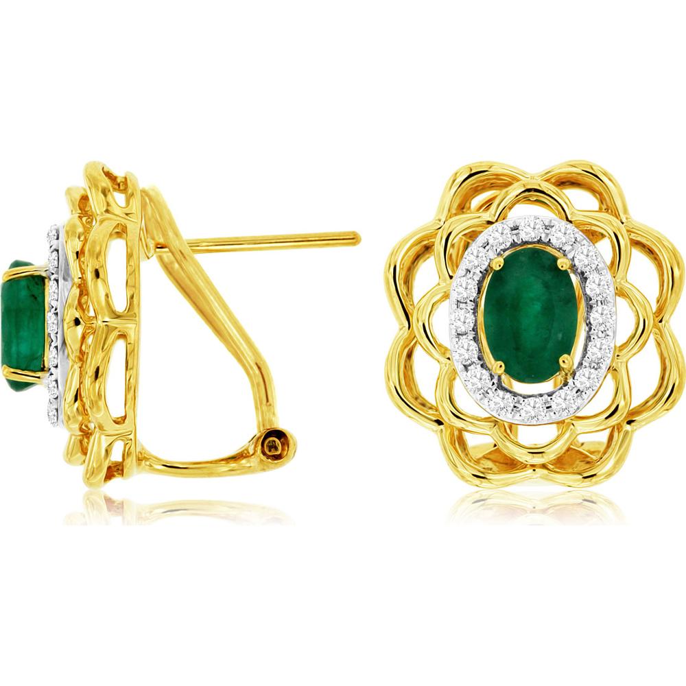 14K Yellow Gold Emerald and Diamond Halo Earrings - 1.10 Carats Total Gemstone Weight