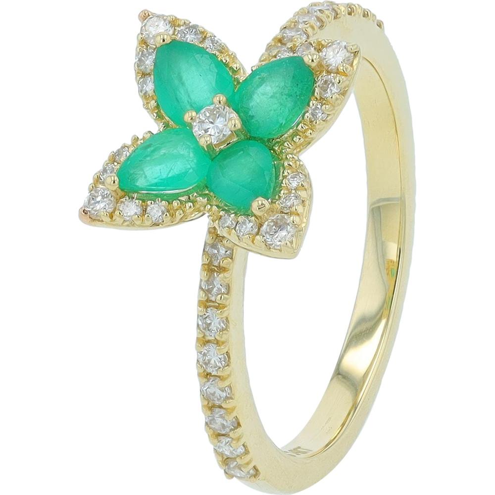 14K Yellow Gold Emerald and Diamond Halo Flower Ring - 0.75 Carats Total Emerald Weight and 0.30 Carats Diamond Weight