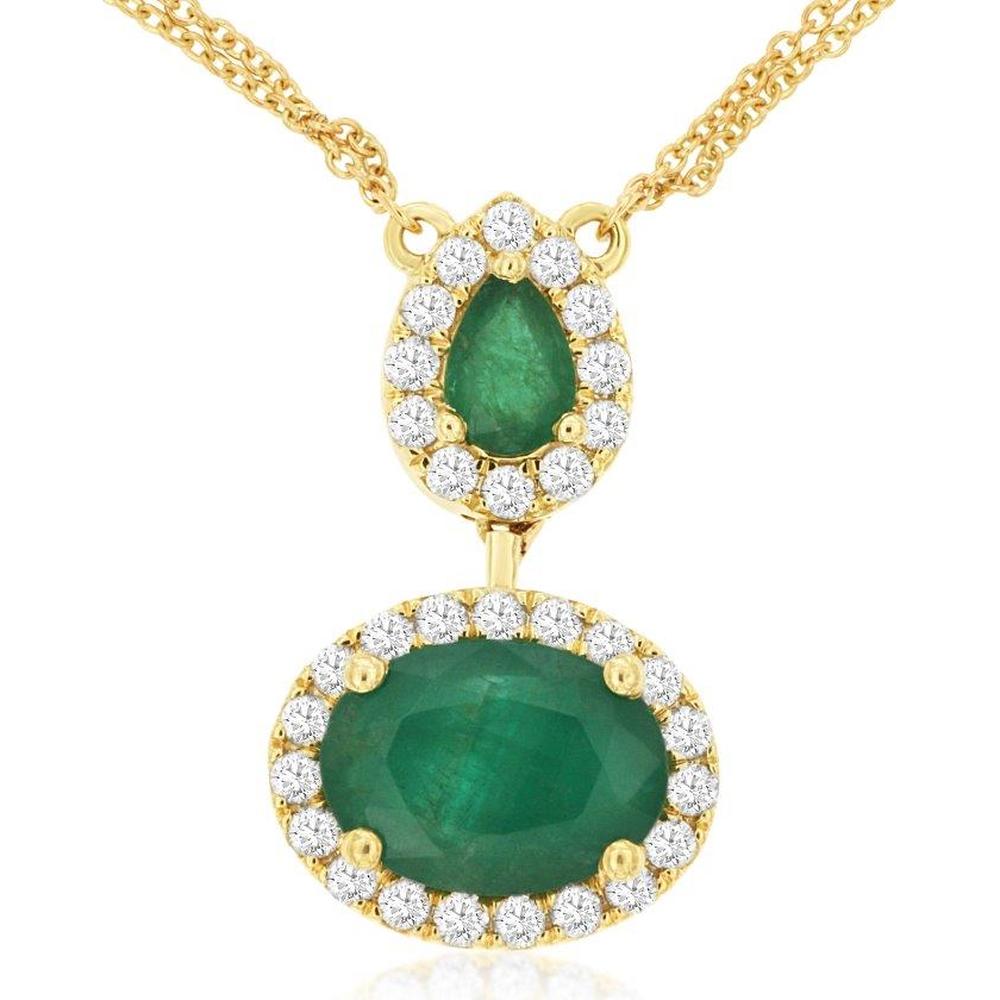 14K Yellow Gold Emerald and Diamond Halo Pendant Necklace with Oval and Pear-Shaped Emeralds - 2.40 Carat Total Emerald Weight and 0.57 Carat Total Diamond Weight - Royal Jewelry