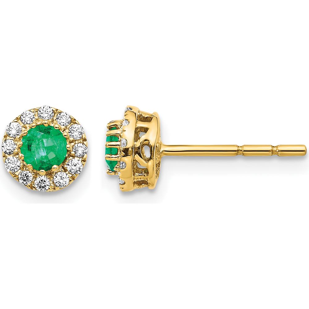 14K Yellow Gold Emerald and Diamond Halo Post Earrings - 0.20 Carat Emerald, 0.02 Carat Total Diamond Weight by Monteluci Fine Jewelry
