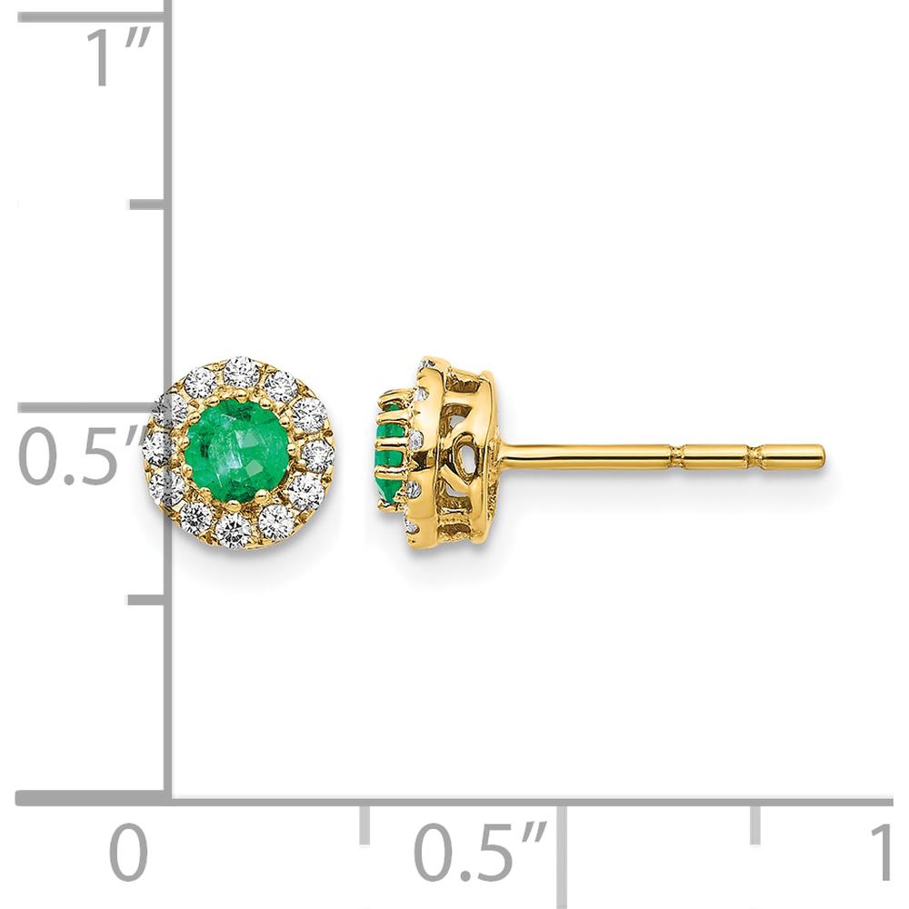 14K Yellow Gold Emerald and Diamond Halo Post Earrings - 0.20 Carat Emerald, 0.02 Carat Total Diamond Weight by Monteluci Fine Jewelry