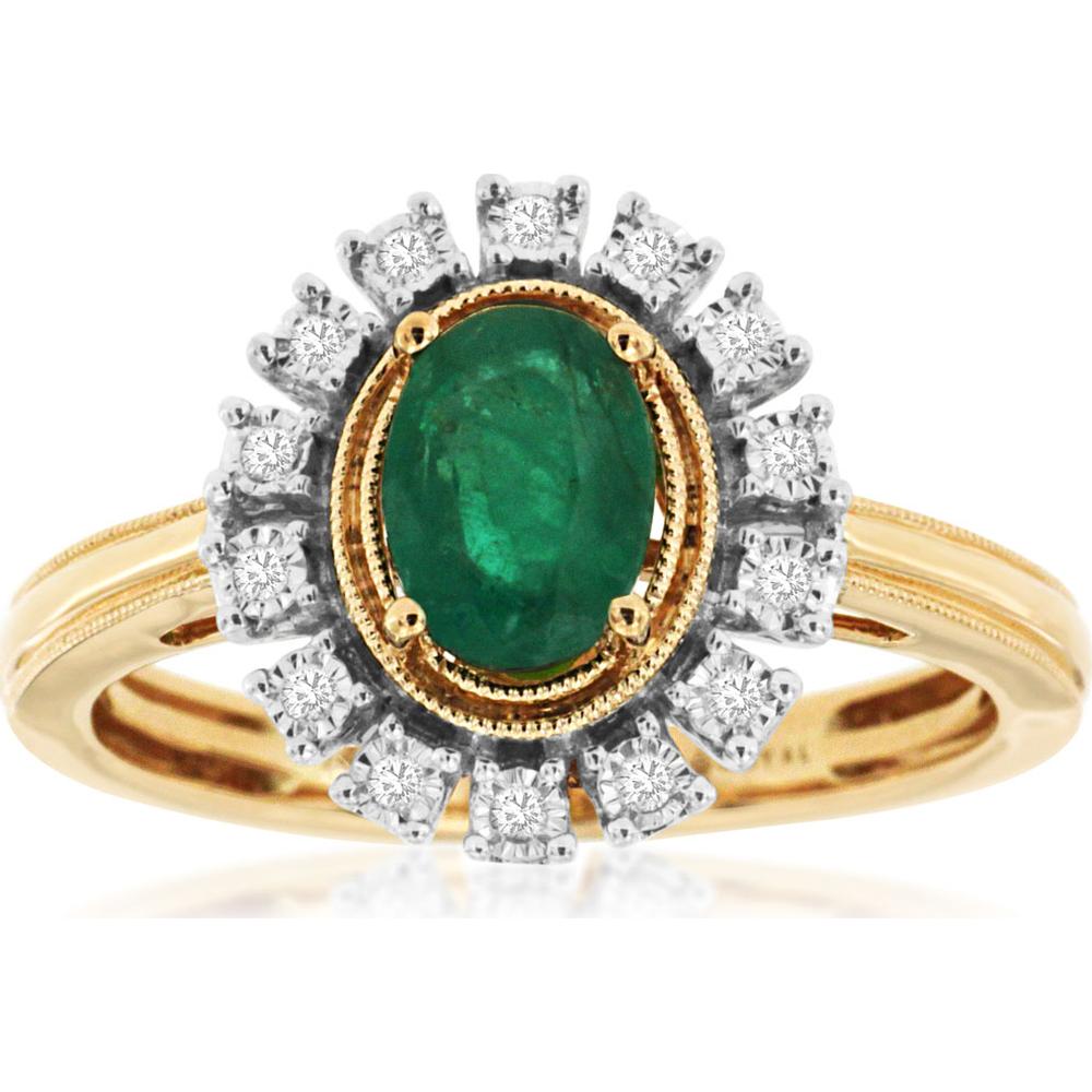 14K Yellow Gold Emerald & Diamond Halo Ring - 0.70 Carats Emerald, 0.07 Carats Total Diamond Weight