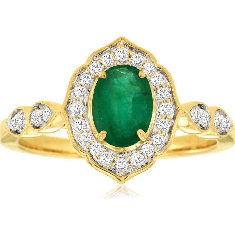 14K Yellow Gold Emerald & Diamond Halo Ring - 0.70 Carats Emerald, 0.21 Carats Total Diamond Weight