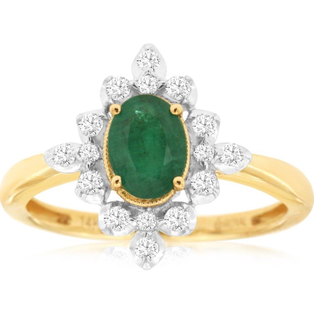 14K Yellow Gold Emerald and Diamond Halo Ring - 0.75 Carats Emerald, 0.25 Carats Diamond Total Weight