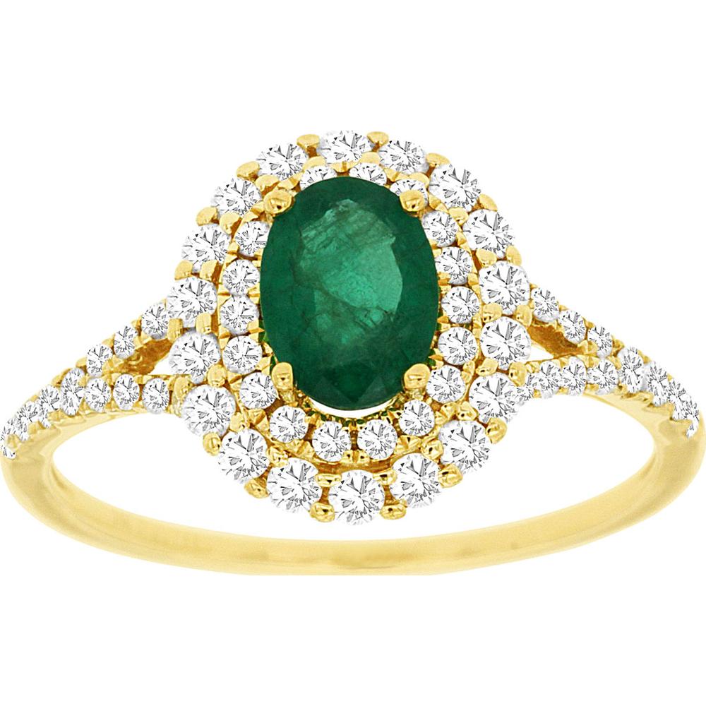 14K Yellow Gold Emerald & Diamond Halo Ring with 0.70 Carats Oval Emerald and 0.50 Carats Total Diamond Weight