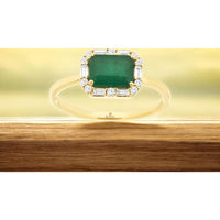 14K Yellow Gold Emerald and Diamond Halo Ring with Alternating Round and Baguette Diamonds - 1.00 Carat Emerald Total Weight, 0.18 Carat Diamond Total Weight - Royal Jewelry