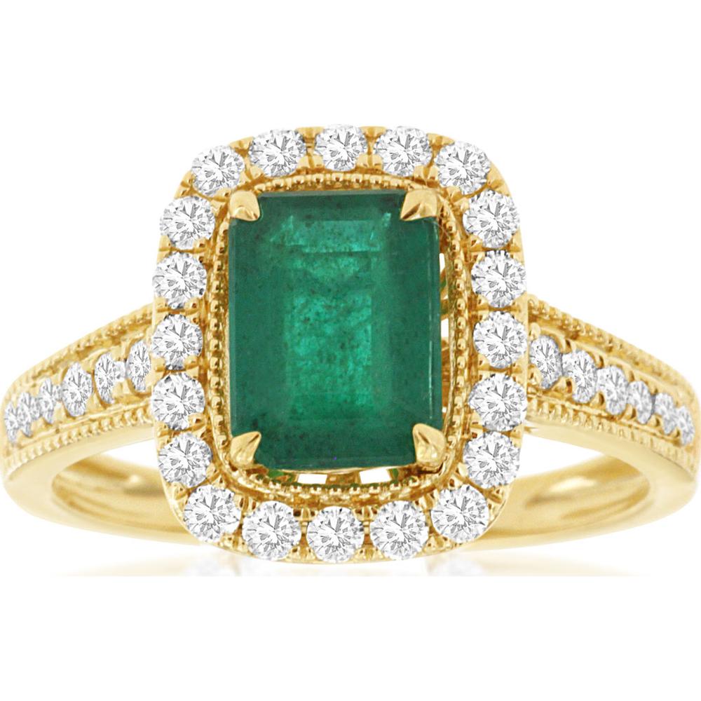 14K Yellow Gold Emerald & Diamond Halo Ring with Milgrain Details - 1.60 Carats Emerald and 0.52 Carats Diamond Total Weight