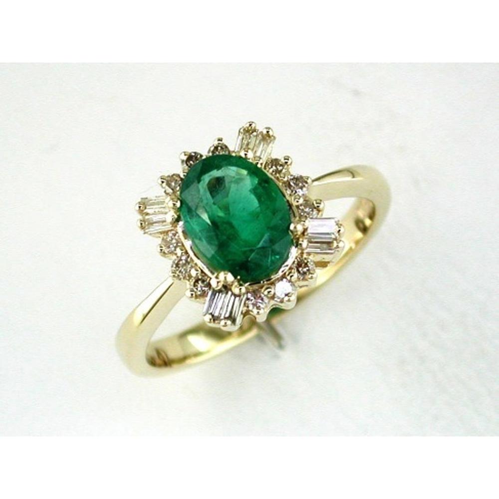 14K Yellow Gold Emerald & Diamond Halo Ring with Oval Emerald - 1.20 Carats Emerald, 0.25 Carats Total Diamond Weight