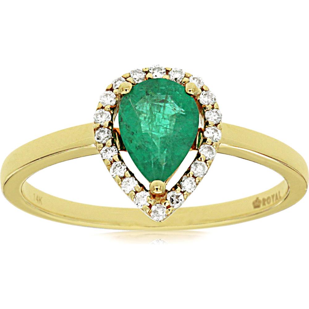 14K Yellow Gold Emerald & Diamond Halo Ring with Pear Shape Emerald - 0.70 Carats Emerald Weight and 0.12 Carats Total Diamond Weight