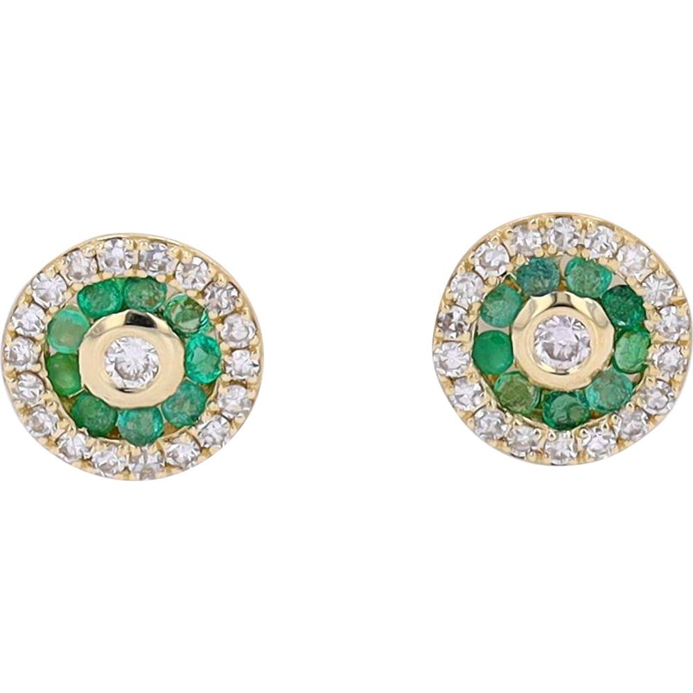 14K Yellow Gold Emerald & Diamond Halo Stud Earrings - 0.25 Carat Total Diamond Weight