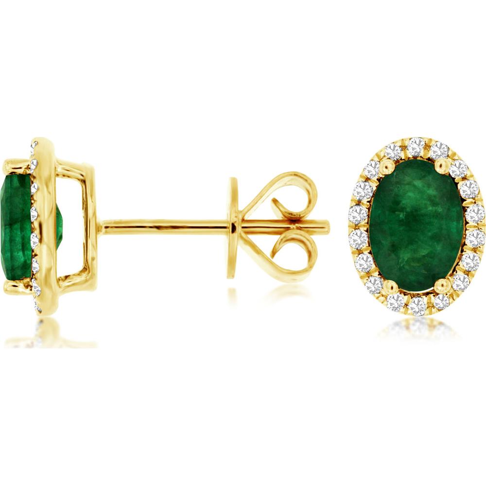 14K Yellow Gold Emerald & Diamond Halo Stud Earrings - 1.40 Carats Total Emerald Weight, 0.38 Carats Total Diamond Weight