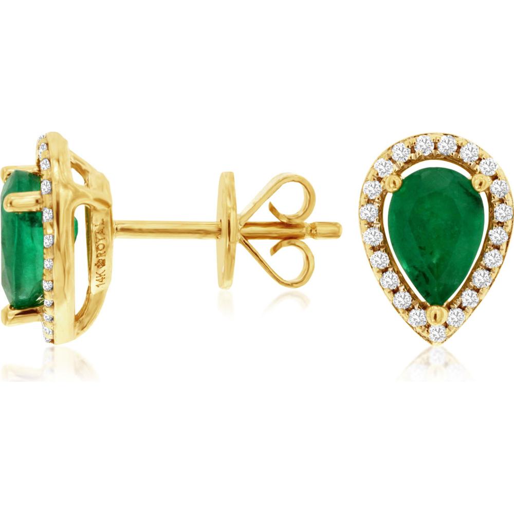 14K Yellow Gold Emerald & Diamond Halo Stud Earrings - 1.50 Carats Total Emerald and Diamond Weight