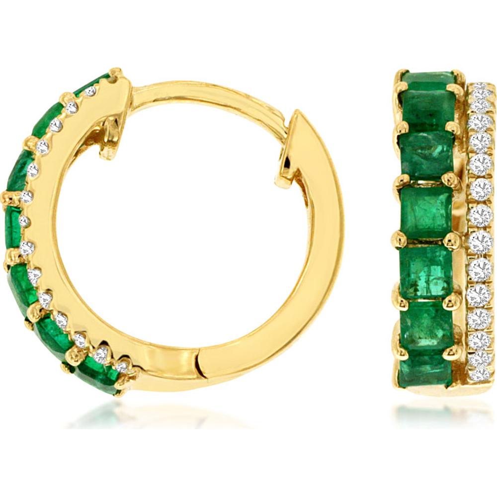 14K Yellow Gold Emerald & Diamond Hoop Earrings - 0.77 Carats Total Emerald Weight, 0.18 Carats Total Diamond Weight