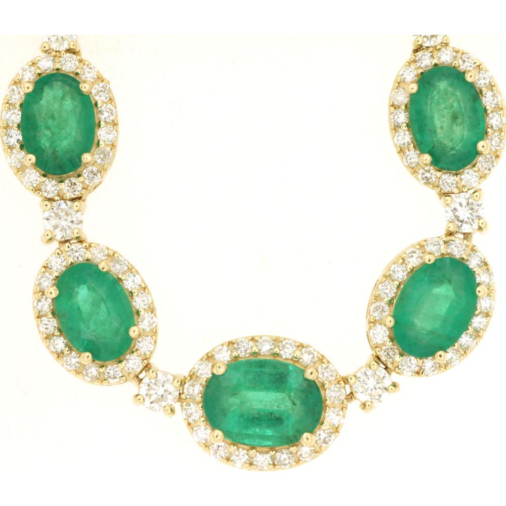 14K Yellow Gold Emerald and Diamond Necklace - 12 Carats Total Emerald Weight, 5.4 Carats Total Diamond Weight