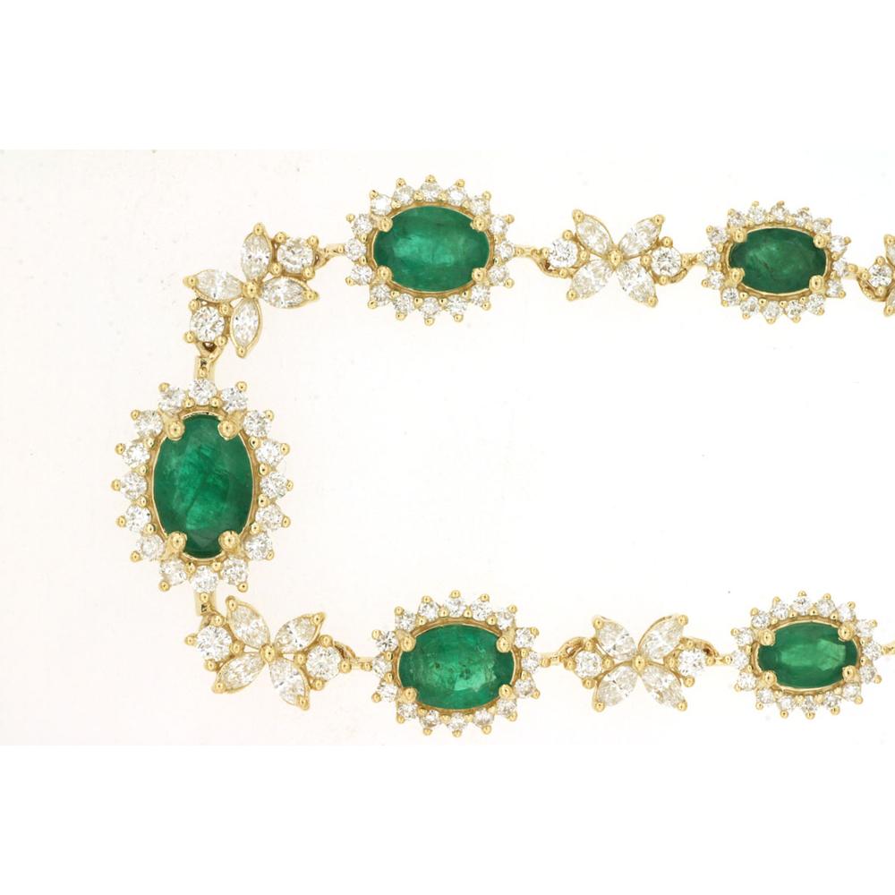 14K Yellow Gold Emerald and Diamond Necklace with Oval Cut Emeralds and Floral Motif Diamond Halos - 2.20 Carat Diamond Weight and 7.70 Carat Emerald Weight - Royal Jewelry