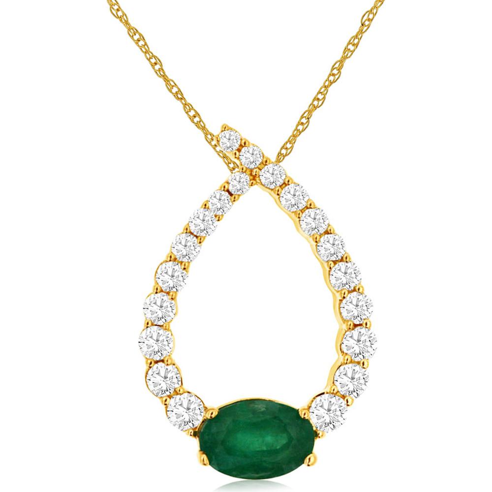 14K Yellow Gold Emerald & Diamond Pendant Necklace - 0.77 Carats Total Gemstone Weight