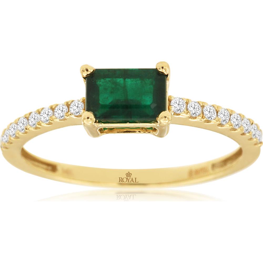 14K Yellow Gold Emerald & Diamond Ring - 0.55 Carats Emerald, 0.14 Carats Total Diamond Weight