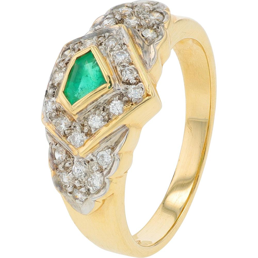 14K Yellow Gold Emerald and Diamond Ring with 0.20 Carat Emerald and 0.25 Carat Total Diamond Weight