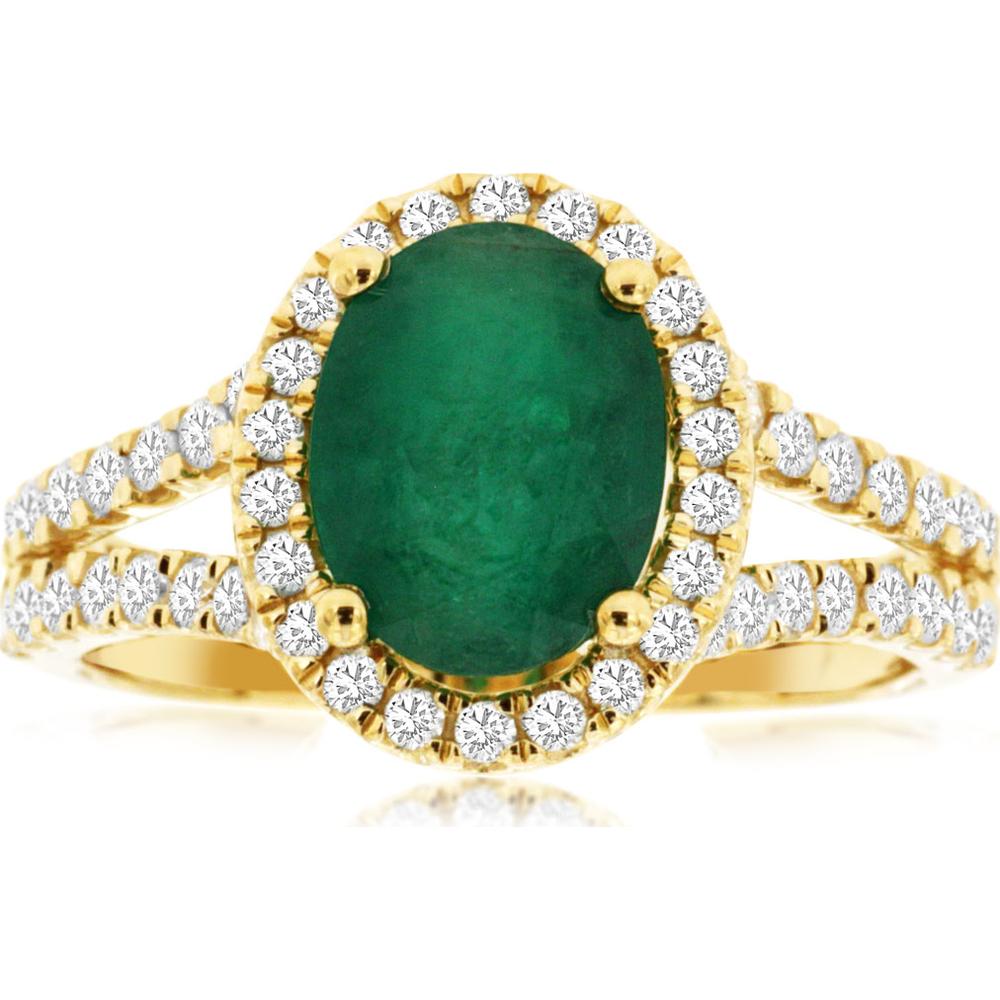 14K Yellow Gold Emerald & Diamond Ring with Halo Setting - 1.60 Carats Emerald and 0.72 Carats Total Diamond Weight