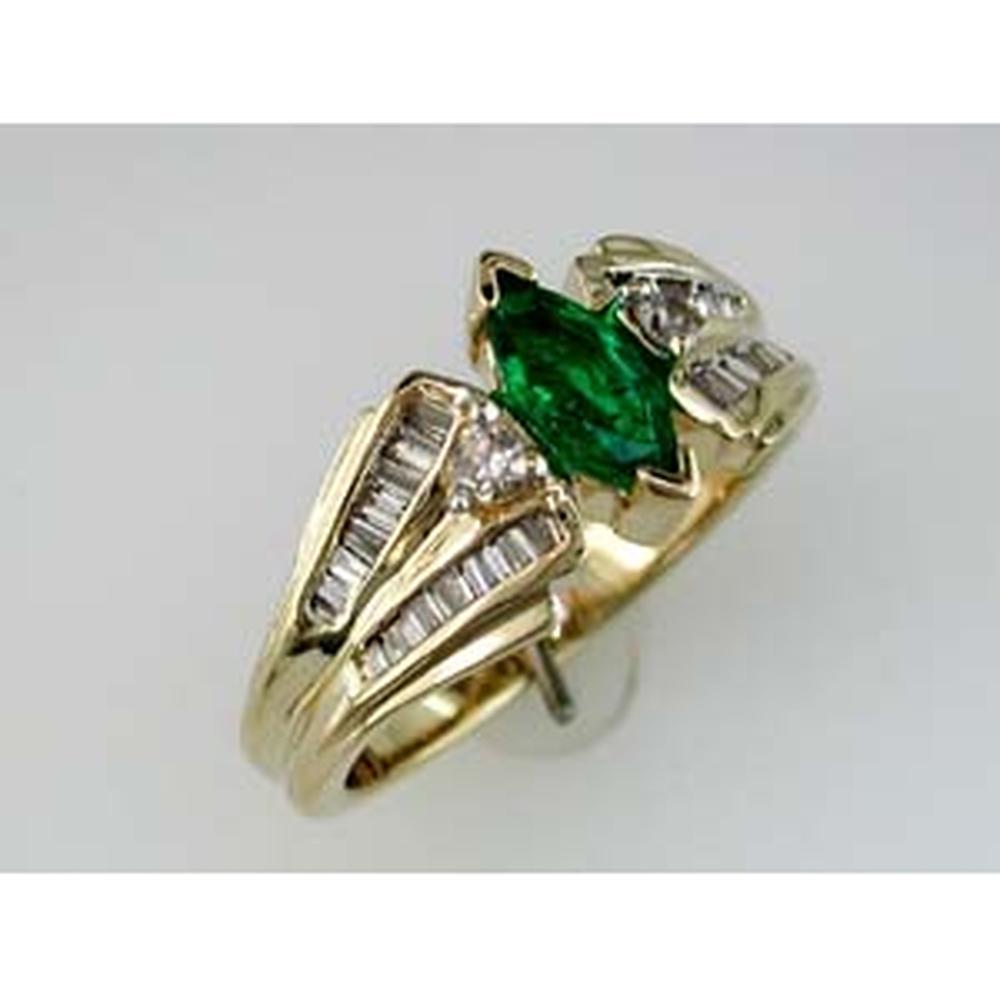 14K Yellow Gold Emerald & Diamond Ring with Marquise Emerald and Baguette & Round Diamonds - 1.00 Carats Total Gem Weight
